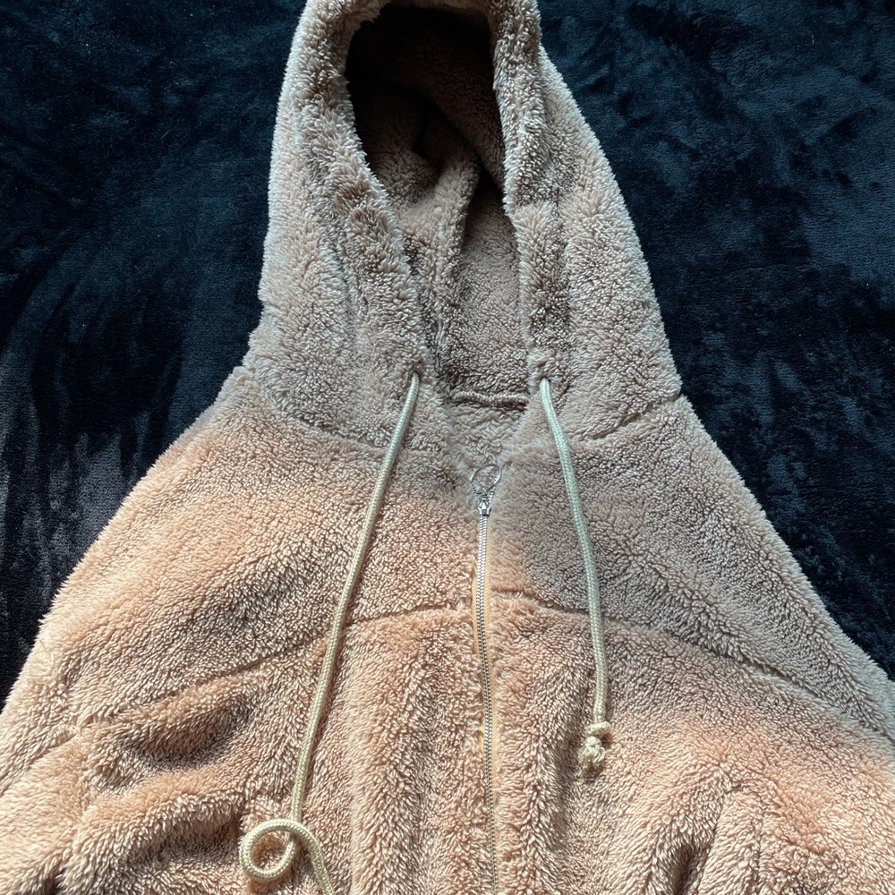 Fluffy Cropped Tan Zip Up Jacket